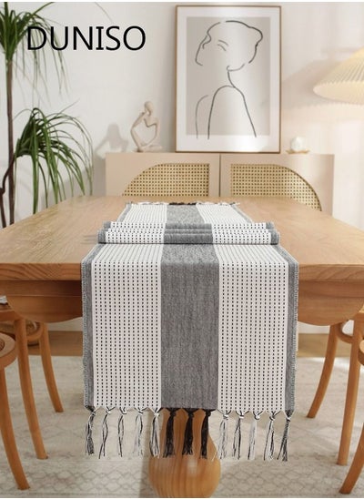 Buy Farmhouse Table Runner Linen Handmade Rustic Table Runner With Tassels For Holiday Party Dining Room Kitchen Decor 33*183cm in UAE