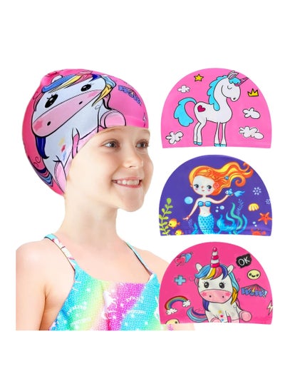 اشتري 3pcs Unicorns and Mermaids Girls Swimming Cap - Fun and Stylish Polyester Kids Swimming Caps for Long and Short Hair, Ages 4-10 في الامارات