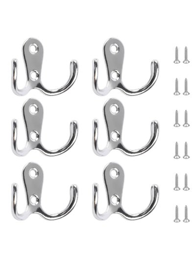 Buy Double Prong Robe Hooks, 6Pcs Dual Coat Hooks Door Hooks with 12Pcs Screws Chrome Wall Mounted Hooks for Hanging Hat Tie Clothes Towel Metal Retro Cloth Hanger Silver for Bedroom Bathroom Kitchen in Saudi Arabia