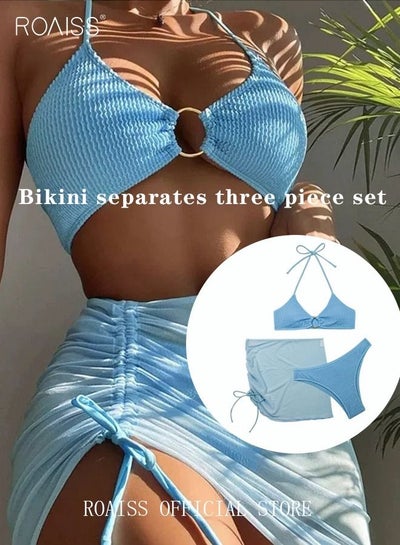 اشتري 3 Pack Bikini Sets Halter Beachwear Ladies Tankini Swimsuit Hollow Out Beach Skirt Push Up Textured Ring Linked for Swimwear Blue في السعودية