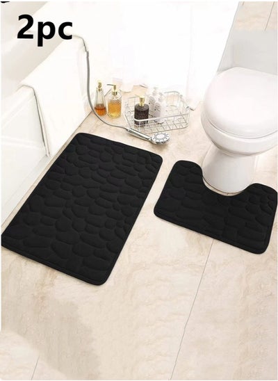 Buy 2-Piece Bathroom Coral Velvet Floor Mat Suit Absorbent Anti-Slip Toilet Carpet Set Black in UAE