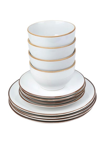 Buy Shallow  12-Piece Stoneware Dinnerware Set - Elegant Ceramic Crockery For 4 - Includes 26Cm Dinner Plate, 20Cm Salad Plate, And 14Cm Bowl With Color Rim In White in UAE