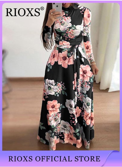 Buy Women's Floral Long Sleeve Maxi Dress Prayer Dress Abaya Belted Flowy Long Dress in Saudi Arabia