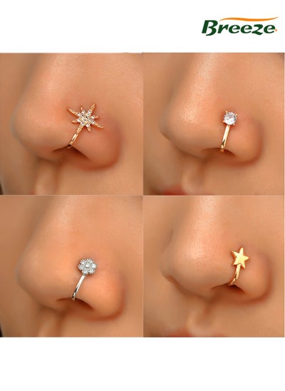 Buy 5-piece set of women's jewelry, star, moon, diamond, no piercing, personalized U-shaped nose clip in UAE