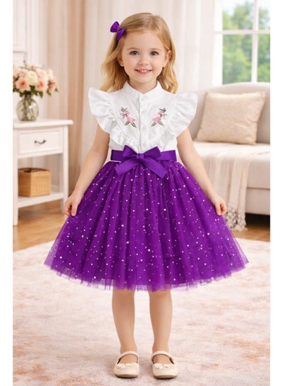 Girls Party Dress 3-5 Years | Floral Embroidered Ruffle Sleeve Dress with  Star Tulle Skirt & Bow | Kids Birthday, Wedding & Occasion Dress (Red,  Purple, Brown) price in UAE | Noon UAE | kanbkam