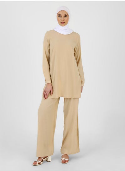 Buy Crew Neck Top & Flared High Waist Pants Set in UAE