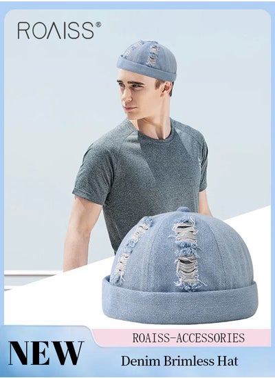 اشتري Men's Denim Beanie Hat, Spring and Summer Ripped Street Hip-hop Washed Landowner Cap, Adjustable Doceker Cap (Light Blue, One Size) في الامارات