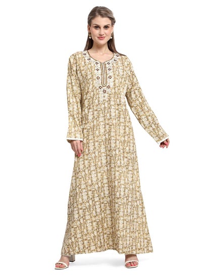 اشتري FLORAL EMBROIDRED OLIVE GREEN COLOUR WITH PRINTED ARABIC KAFTAN CASUAL JALABIYA DRESS في السعودية