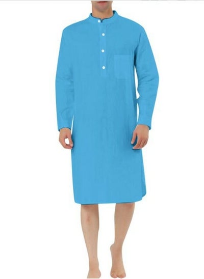 اشتري Men's Muslim Stand Collar Robe Thobe Solid Color Long Sleeve Kaftan Casual Shirt Lake Blue في السعودية