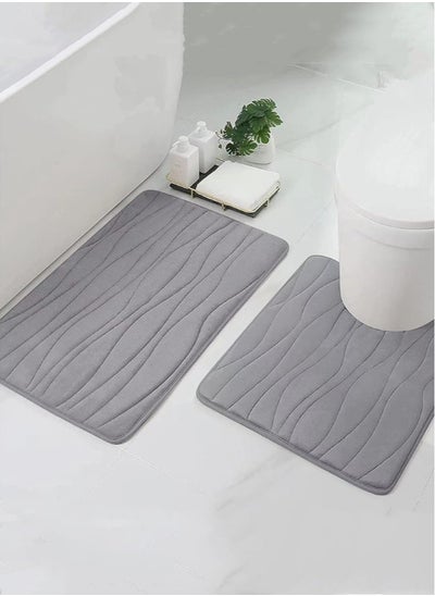 Buy 2-Pieces Bathroom Absorbent Non-Slip Rugs Set Toilet Floor Mat Polyester Fiber Grey 60x40 and 50x40 cm in UAE