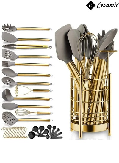 Buy Kitchen Utensils Set 33 Pieces Non Stick Silicone Cooking Utensils Set Kitchen Tools Set Spoon Spatula Set With Sturdy Stainless Steel Utensil Holder Dishwasher Safe Golden in UAE