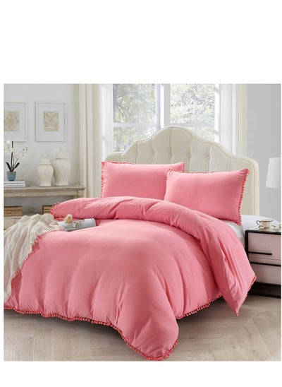 Buy 4-Piece Single Size Comforter Set with Pompom Lace and Removable Filler Coral Pink in Saudi Arabia