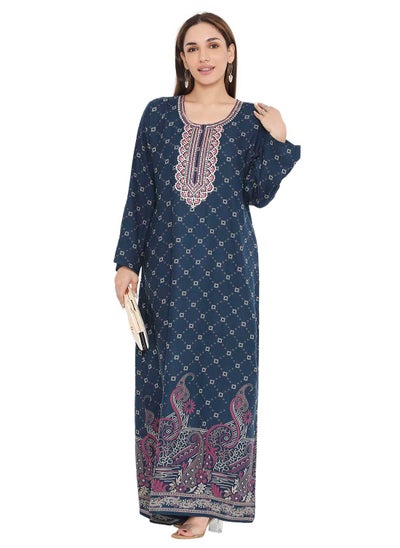 Buy LONG PRINTED VISCOSE WITH NECK EMBROIDERED ARABIC KAFTAN JALABIYA DRESS in Saudi Arabia