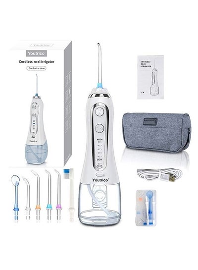 Buy Flosser Cordless Oral Irrigator Portable Rechargeable Dental Flossers 5 Modes -300ML (White) in Saudi Arabia