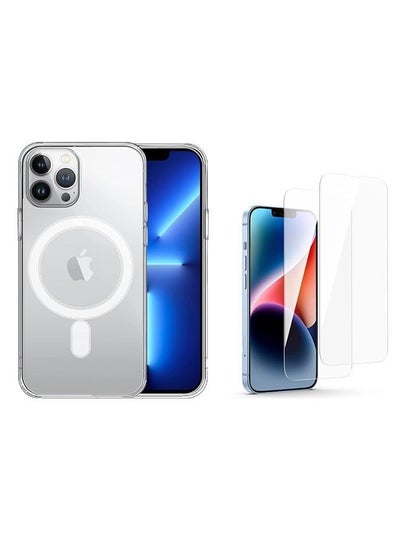 Buy iPhone 13 Pro case clear Magsafe slim protective case with anti-yellowing and anti-bumping clear magnetic cover including 2 tempered glass screen protectors in UAE
