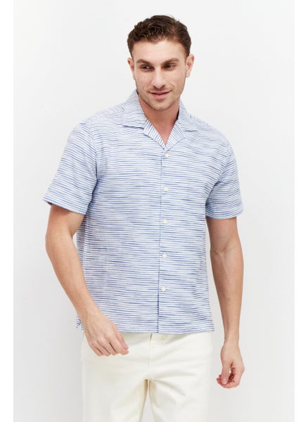 اشتري Men Regular Fit Notched Collar Short Sleeve Stripe Casual Shirt, Blue/White في الامارات