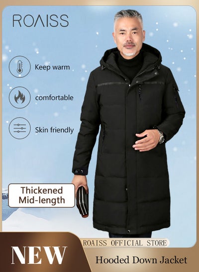 Buy Men Thick Windproof Warm Down Jacket Men Zipper Down Jacket Thickened Inner Solid Color Knee Length Hooded Down Jacket in Saudi Arabia
