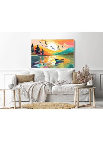 Buy Colorful illustration boat lake with sunset and birds Printed Canvas wall art 60x40 in Egypt