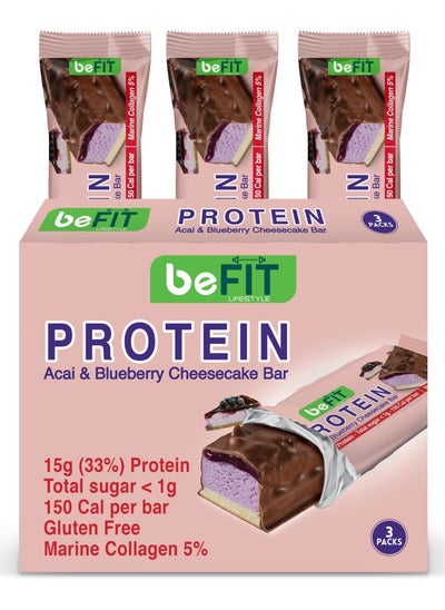 Buy beFIT Protein Cake Bar Acai & Blueberry Cheesecake with 15g(33%) Protein and 5% Marine Collagen Box of 3 Bars in UAE