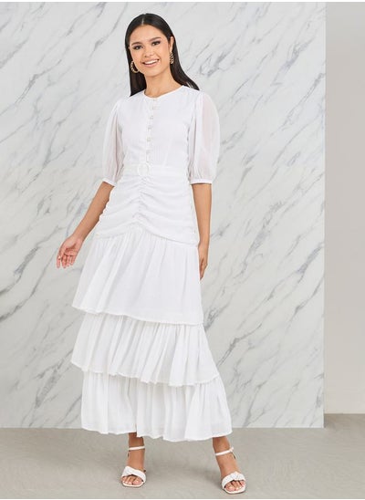 Buy Ruched Detail Buckle Belted Layer Tiered Maxi Dress in Saudi Arabia