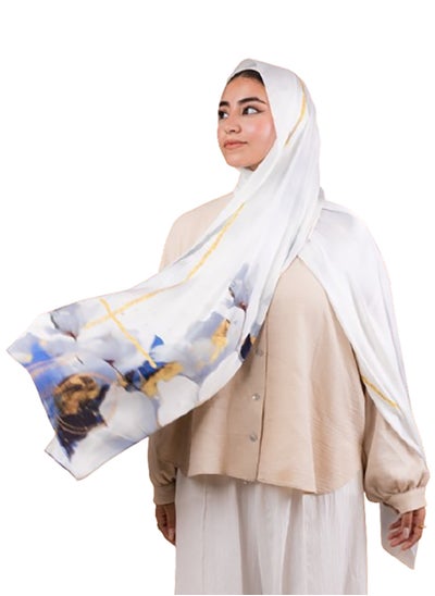 Buy Printed Satin Scarf White - Blue - Yellow For Women in Egypt