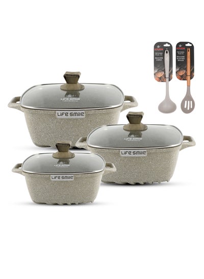 اشتري Non Stick Cookware Sets - 8-Piece Square Granite Cookware Set Kitchen Pots and Pans Set Includes 20/24/28cm Stock Pots - Healthy 100% PFOA & PFAS Free GRAY في الامارات