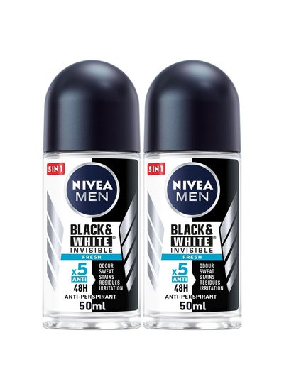 Buy NIVEA MEN Antiperspirant Roll-on Black & White Invisible Protection Fresh, 2x50ml in UAE