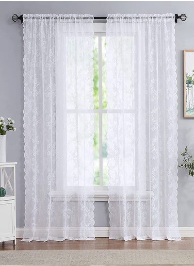 اشتري 2-Piece Rod Pocket Rose Florals Lace Sheer Window Curtains for Bedroom/Living Room/Kitchen White في الامارات