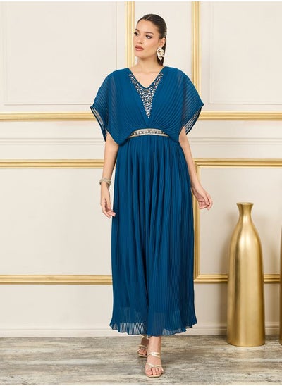 اشتري Sequin Detail Pleated Cape Sleeves A-Line Maxi Dress في السعودية