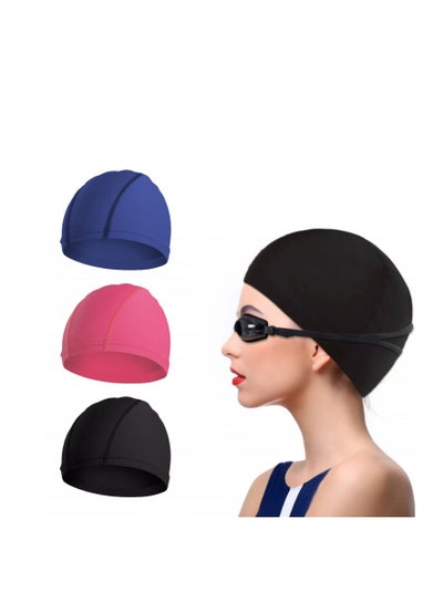 Buy 3 Pieces Swimming Caps Comfortable Fabric Swimming Hat Premium Quality Stretchable Unisex Polyester Cloth Swimming Cap Lightweight Bathing Caps for Water Sports 3 Colors in Saudi Arabia