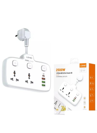 Buy LDNIO SC2413 Universal Power Strip USB Outlet Extension Cord Adapter Wall Charger Surge Protector Socket With 4 USB Port 2500W 1PD AND QC3.0 AND 2 AUTO ID 2 UNIVERSAL OUTLETS WHITE in Egypt