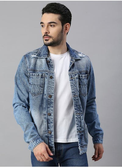 اشتري Light Distressed Mid Wash Denim Jacket with Pockets في السعودية