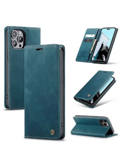 اشتري CaseMe iPhone 14 Pro Max Wallet Case, PU Leather Book Folding Flip Folio Case with Card Holders Kickstand Magnetic Closure Protective Cover (Blue) في الامارات