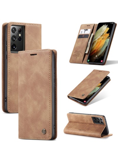 اشتري CaseMe Samsung Galaxy S21 Ultra Case Wallet, for Samsung Galaxy S21 Ultra Wallet Case Book Folding Flip Folio Case with Magnetic Kickstand Card Slots Protective Cover - Brown في مصر