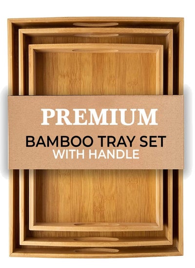 Buy Bamboo Tray - 3 Pack Wooden Serving Tray With Handles - Rectangular Tray Large, Small, Medium - Breakfast Wooden Tray For Food, Kitchen, Outdoors, Restaurants in UAE