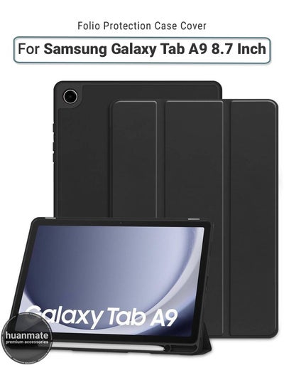 اشتري Case Cover for Samsung Galaxy Tab A9 8.7-Inch with S Pen Holder, Soft TPU Tri-Fold Stand Protective Tablet Cover, Auto Wake/Sleep - Black في السعودية