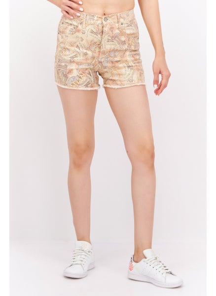 اشتري Women Allover Print Denim Short, Beige Combo في الامارات