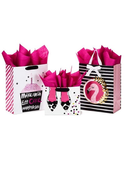 Buy Gift Bags Assortment With Tissue Paper Pink And Black Cupcake Shoes Flamingo (Pack Of 3: 2 Large 13" And 1 Medium 7" Gift Bags) For Birthdays Mother'S Day Baby Showers Bridal Showers in Saudi Arabia