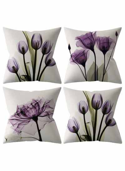 Buy Throw Pillow Covers Set of 4 Purple Flower Cushion Covers 18x18 inch Boho Linen Square Throw Pillow Cover for Living Room Sofa Couch Bed Pillowcase 45cm x 45cm in UAE