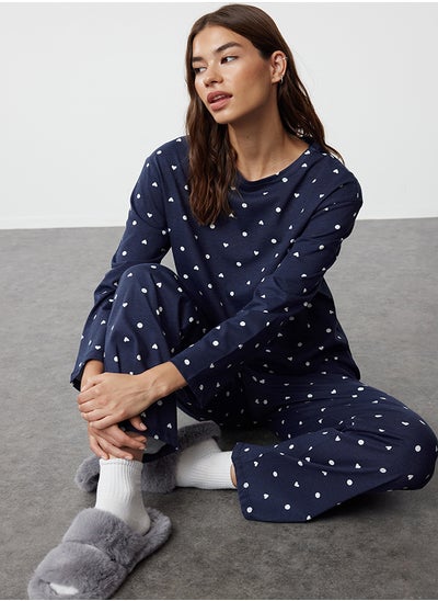 اشتري Navy Blue 100% Cotton Polka Dot and Heart Patterned Knitted Pajama Set THMAW25PT00039 في مصر