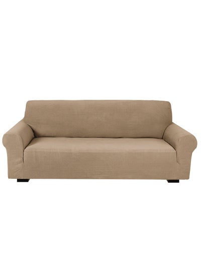 Buy Stretch Fit 3-Seater Sofa Cover Soft Brushed Fabric Couch Cover Exquisitely Full Coverage Furniture Protector Slipcover Three Seater Fits on Standard and Recliner Sofa 185-235cm Size Sand Beige in UAE