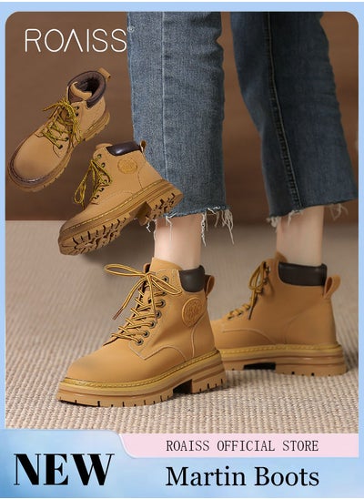 Buy Women's Ankle Boots Ladies Combat Ankle Winter Warm Soft Casual Shoes Women High Top Leather Martin Boots Women Low Heel Lace Up Outdoor Trekking Hiking Work Boots in Saudi Arabia