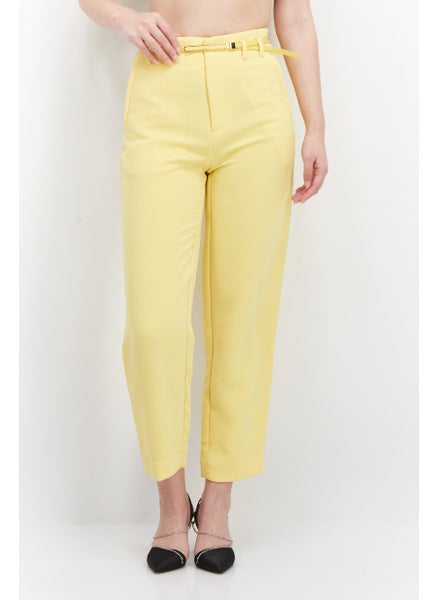 Buy Women Slim Fit Straight Belted Pants, Cream Gold in UAE