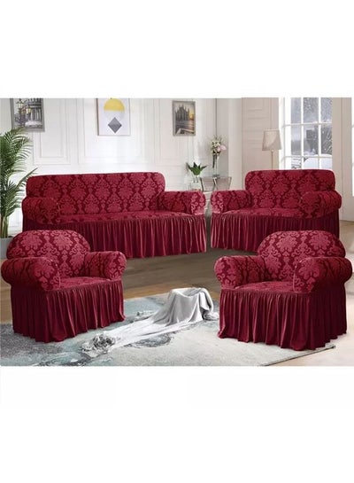 Buy 7 Seater (3+2+1+1) Super Stretchable Anti-Wrinkle Slip Flexible Resistant Jacquard Damask Sofa Cover Set with Ruffle Skirt Red in UAE