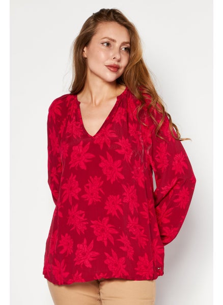 Buy Women V-Neck Long Sleeves Floral Print Blouse, Red Combo in UAE