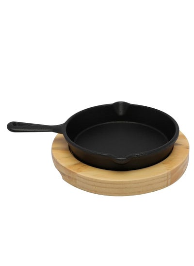 Buy 12.5cm Round Cast Iron Skillet Pan With Side Handle And Wooden Base | Oven Safe Cast Iron Roasting Pan in Saudi Arabia