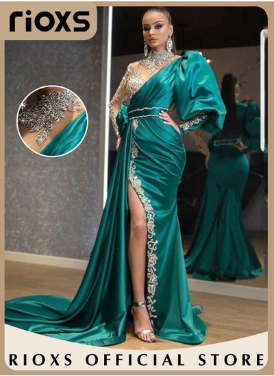 Buy Women's Glitter Stitching Sliming Grown Half High Collar High Split Floor-length Prom Dress with One Puff Sleeve for Cocktail Party or Fashion Party in Saudi Arabia