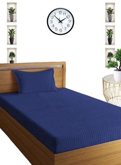 اشتري Navy Blue Deep Pocket Single Size Striped Bed Sheet Set Cotton 100x200+15cm في الامارات