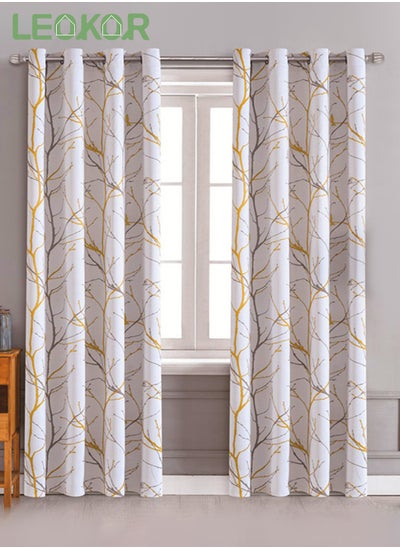 Buy 2 Panels Yellow and Grey Tree Branch Print Window Curtains Thermal Insulated  Darkening Curtains 132*214CM in Saudi Arabia