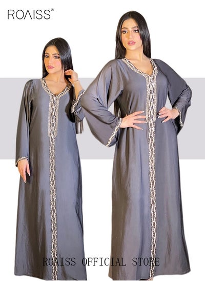 Buy Women Luxury V-neck Rhinestone Robe Maxi Dresses Exclusive Styles Modern Stylish Abaya Middle East Arabic Banquet Wedding Party Dress Women's Festival Clothing Blue in UAE